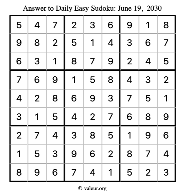 Answer to easy sudoku June 19, 2030