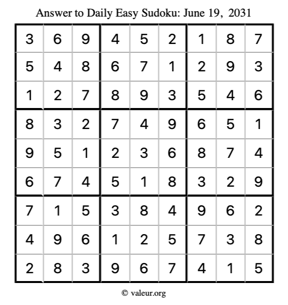 Answer to easy sudoku June 19, 2031