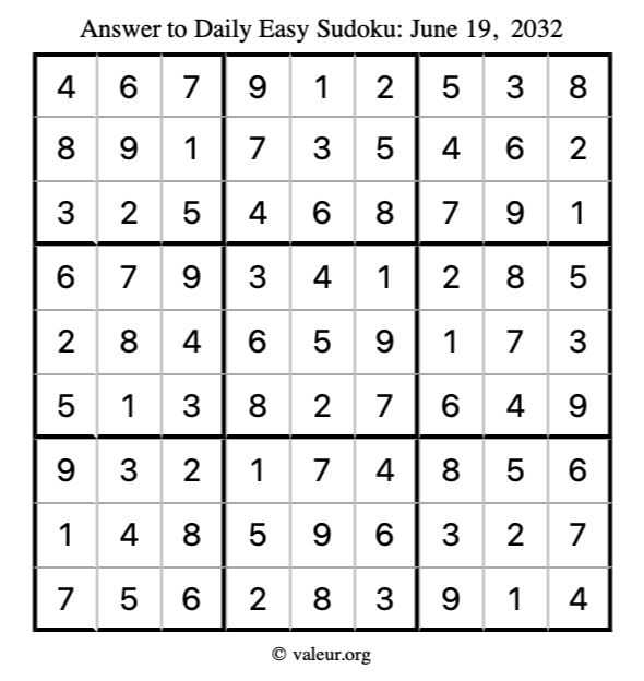 Answer to easy sudoku June 19, 2032