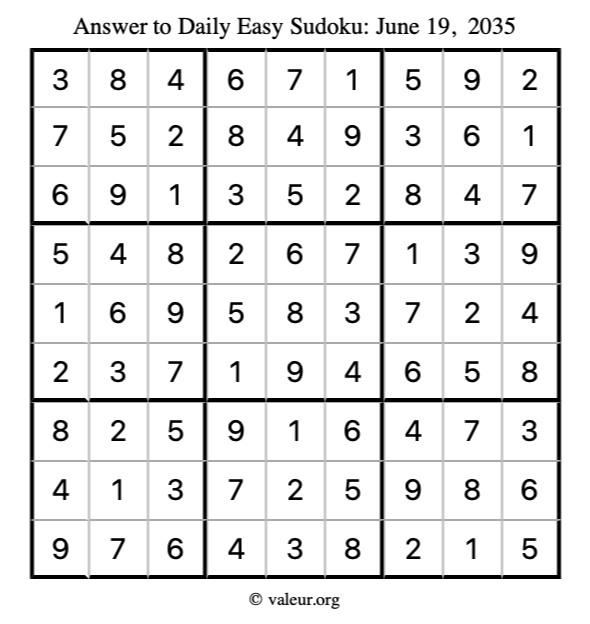 Answer to easy sudoku June 19, 2035