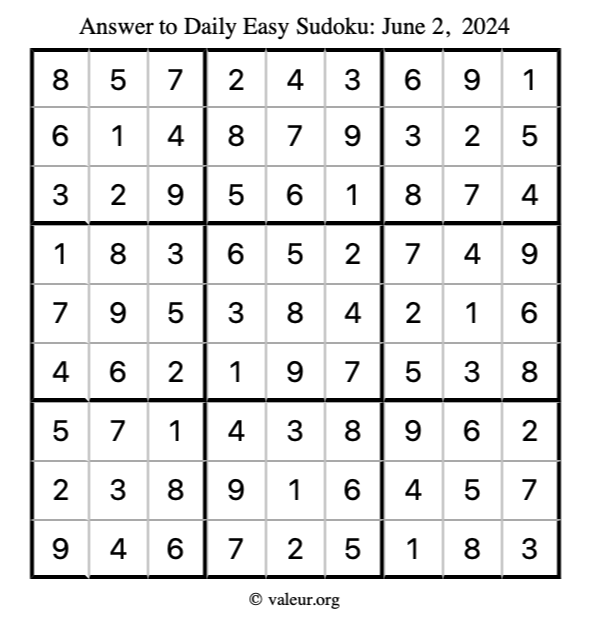 Answer to easy sudoku June 2, 2024