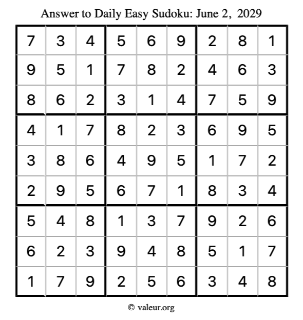 Answer to easy sudoku June 2, 2029