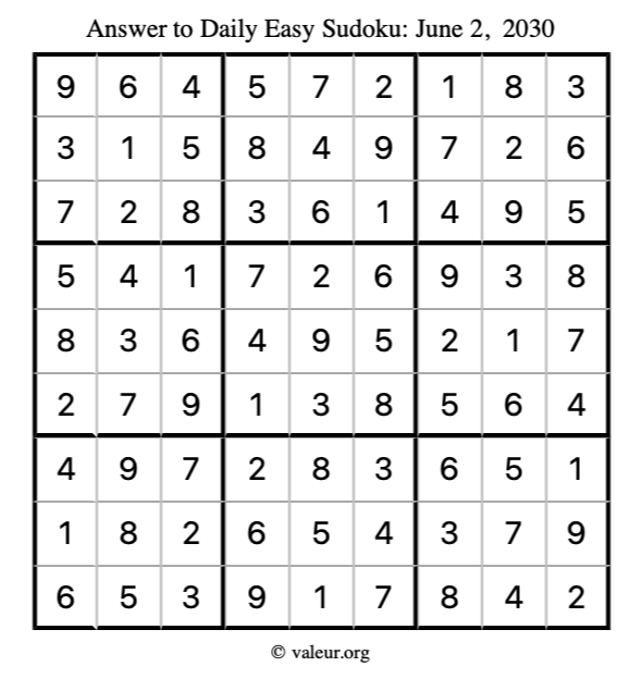 Answer to easy sudoku June 2, 2030