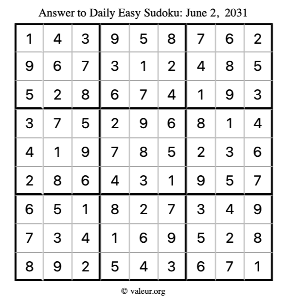 Answer to easy sudoku June 2, 2031
