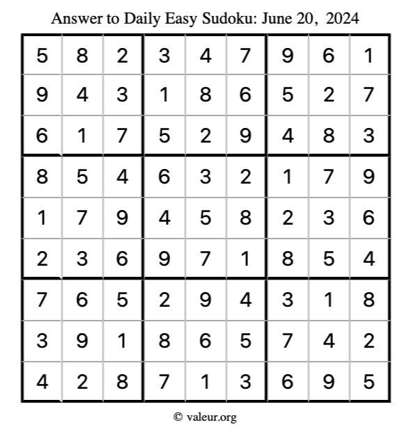 Answer to easy sudoku June 20, 2024
