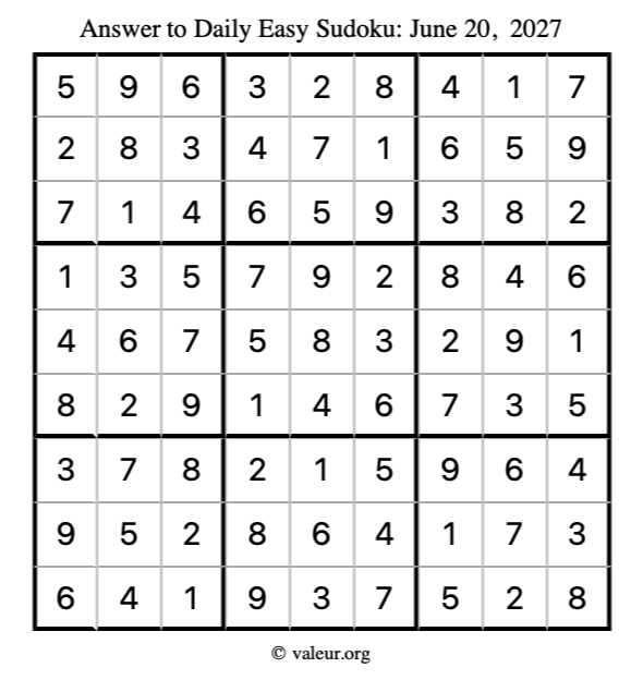 Answer to easy sudoku June 20, 2027