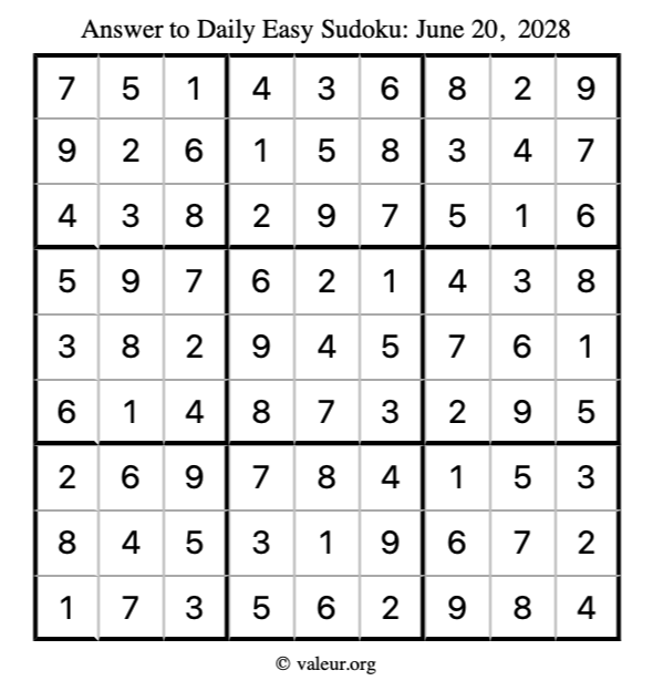 Answer to easy sudoku June 20, 2028