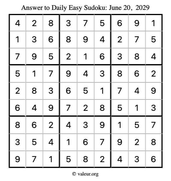 Answer to easy sudoku June 20, 2029