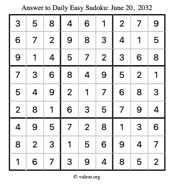 Answer to easy sudoku June 20, 2032
