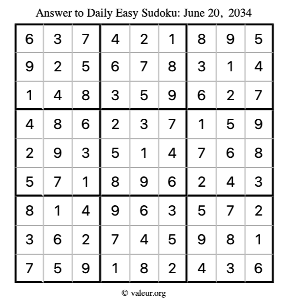 Answer to easy sudoku June 20, 2034