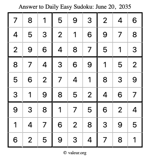 Answer to easy sudoku June 20, 2035