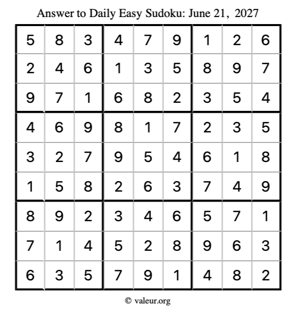 Answer to easy sudoku June 21, 2027