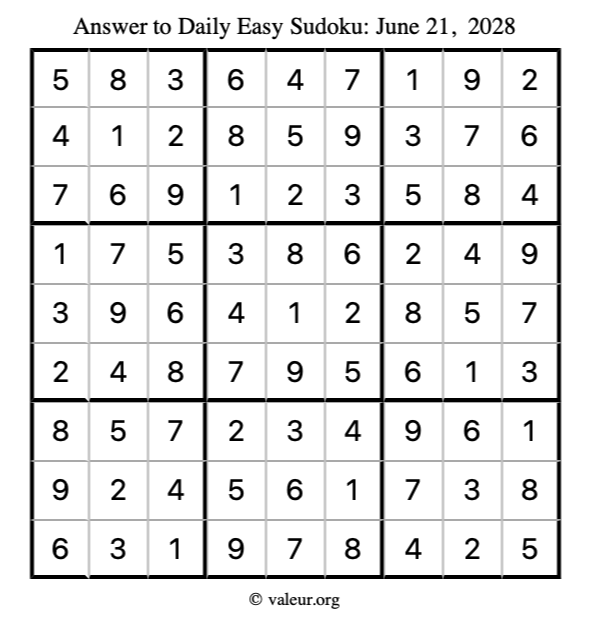 Answer to easy sudoku June 21, 2028