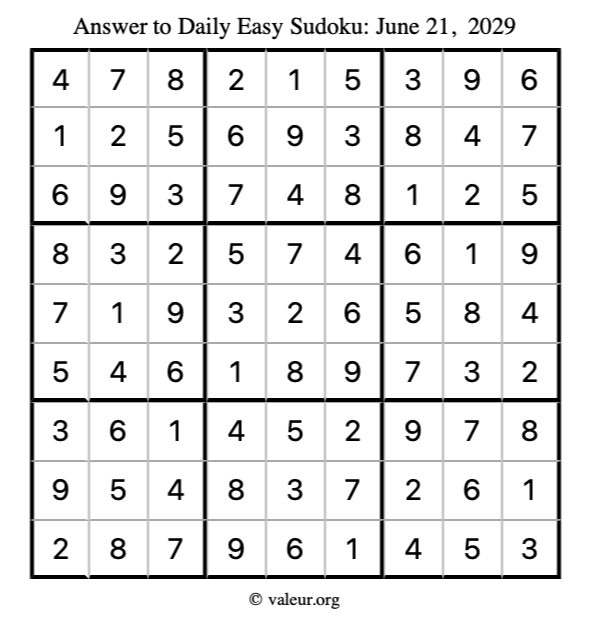 Answer to easy sudoku June 21, 2029