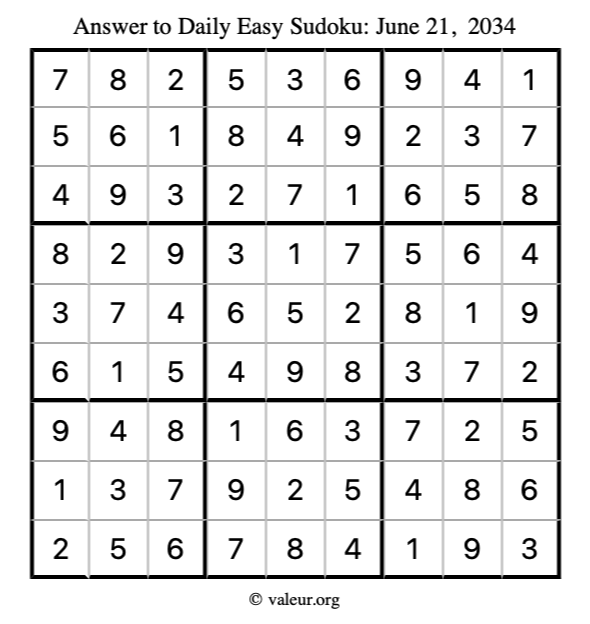 Answer to easy sudoku June 21, 2034