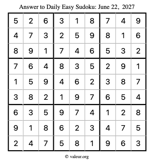 Answer to easy sudoku June 22, 2027