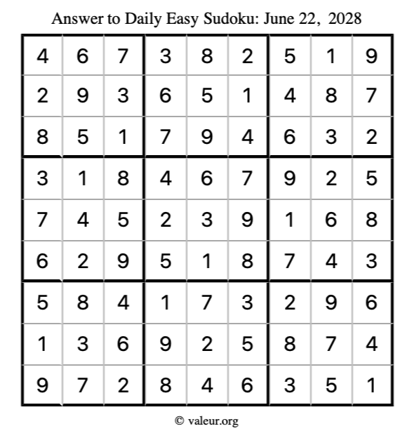 Answer to easy sudoku June 22, 2028