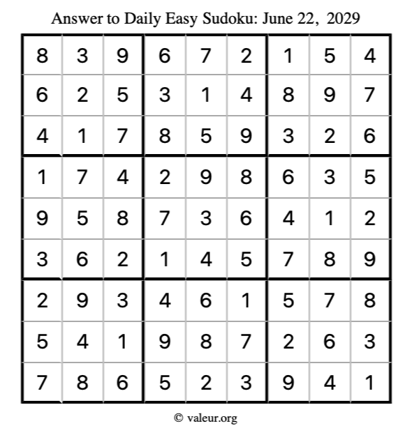 Answer to easy sudoku June 22, 2029