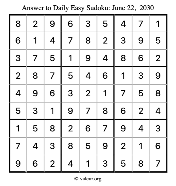 Answer to easy sudoku June 22, 2030