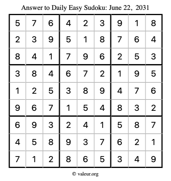 Answer to easy sudoku June 22, 2031
