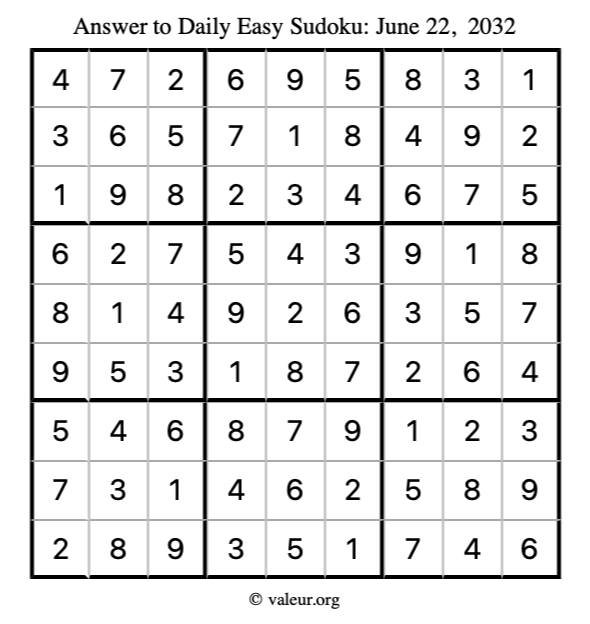 Answer to easy sudoku June 22, 2032