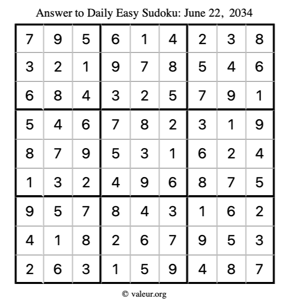 Answer to easy sudoku June 22, 2034