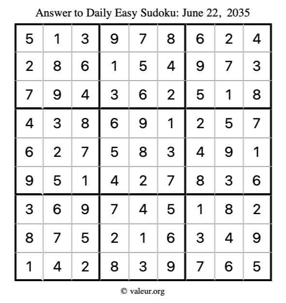 Answer to easy sudoku June 22, 2035