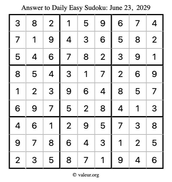 Answer to easy sudoku June 23, 2029