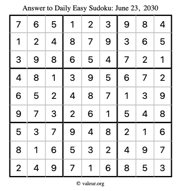 Answer to easy sudoku June 23, 2030