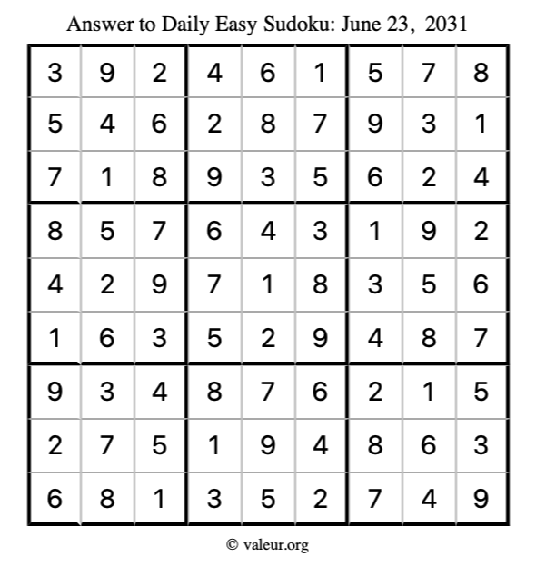 Answer to easy sudoku June 23, 2031