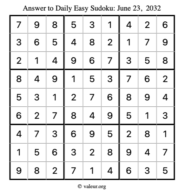 Answer to easy sudoku June 23, 2032