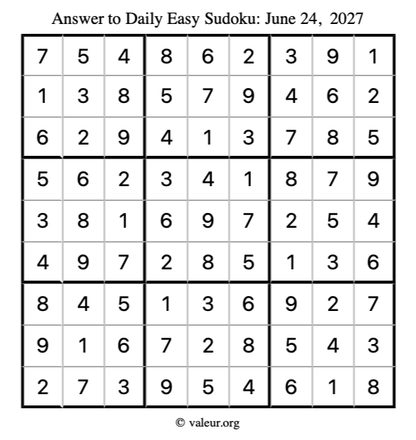 Answer to easy sudoku June 24, 2027
