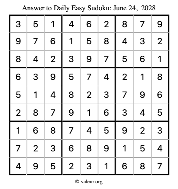 Answer to easy sudoku June 24, 2028