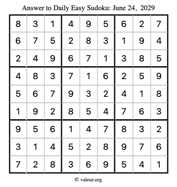 Answer to easy sudoku June 24, 2029