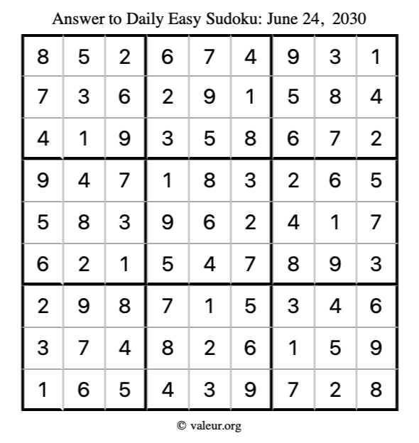 Answer to easy sudoku June 24, 2030
