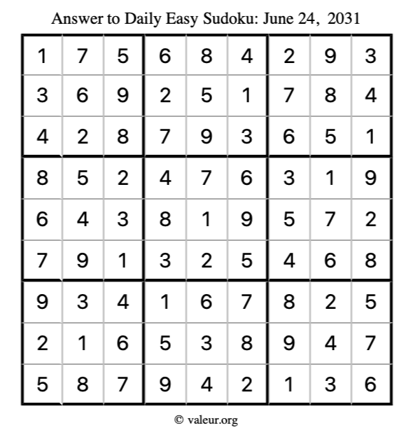 Answer to easy sudoku June 24, 2031
