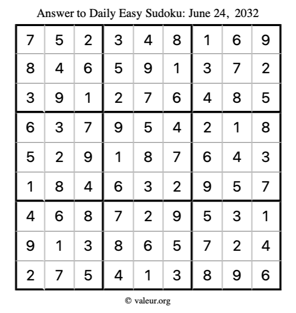 Answer to easy sudoku June 24, 2032