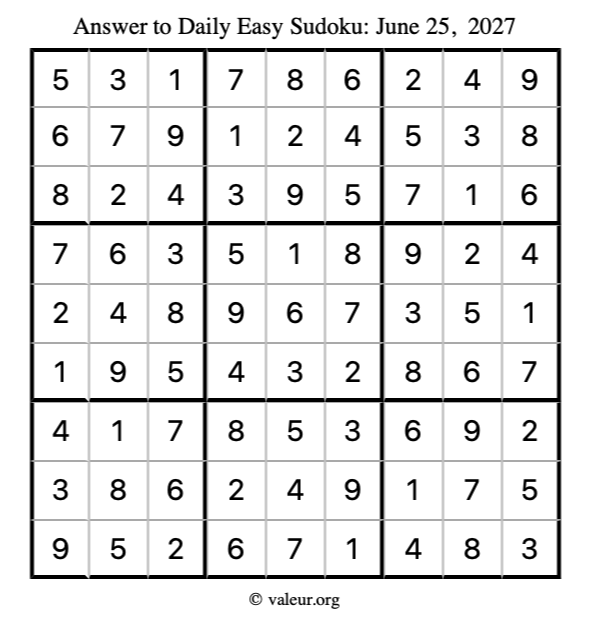 Answer to easy sudoku June 25, 2027