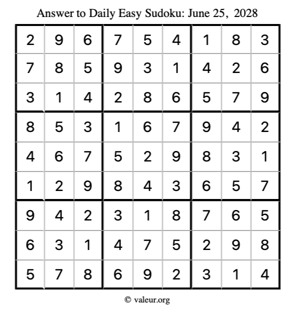 Answer to easy sudoku June 25, 2028