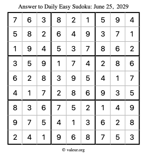 Answer to easy sudoku June 25, 2029