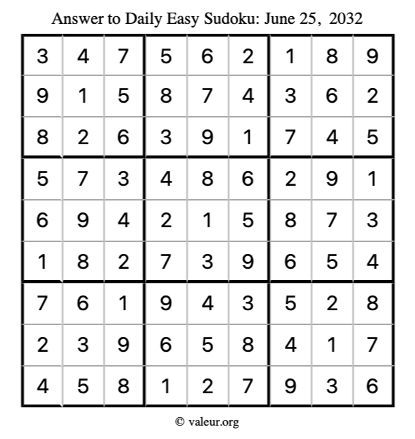 Answer to easy sudoku June 25, 2032