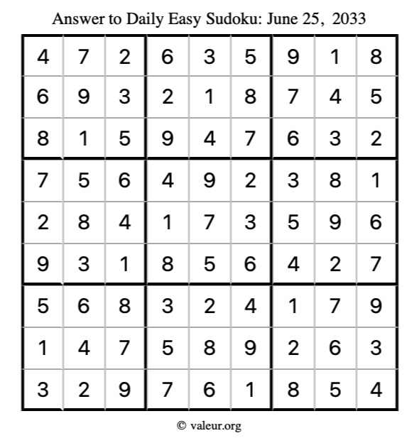 Answer to easy sudoku June 25, 2033