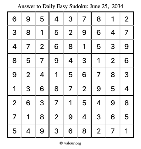 Answer to easy sudoku June 25, 2034