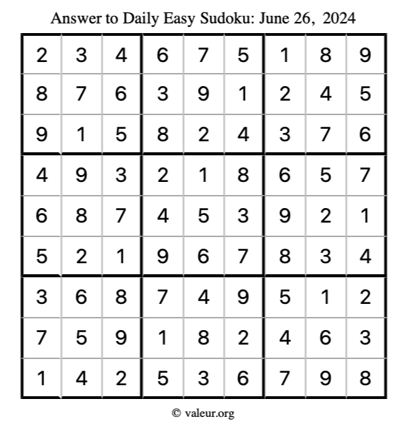 Answer to easy sudoku June 26, 2024