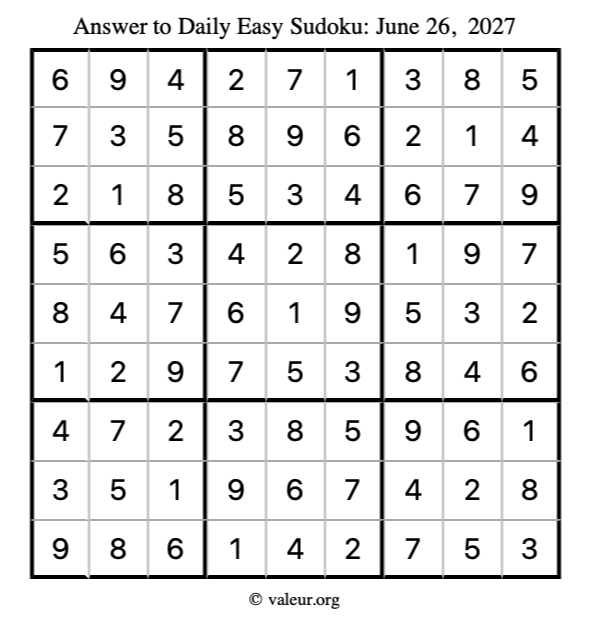 Answer to easy sudoku June 26, 2027