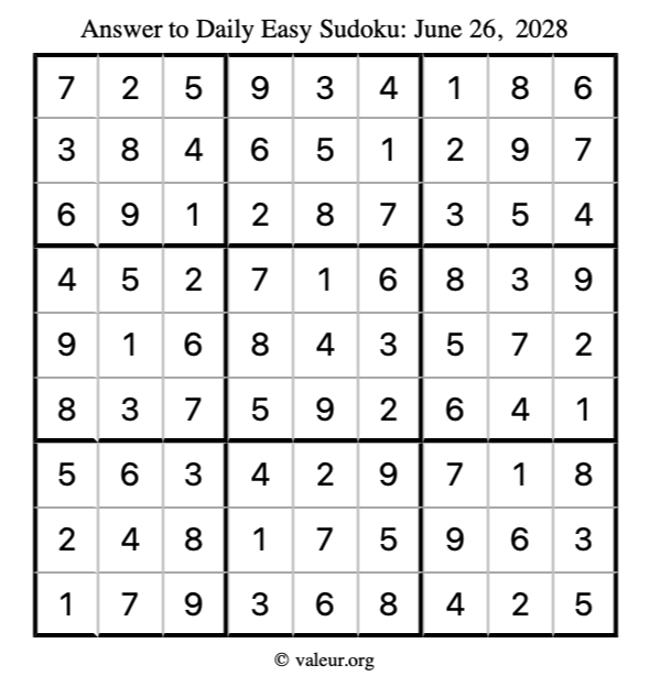 Answer to easy sudoku June 26, 2028