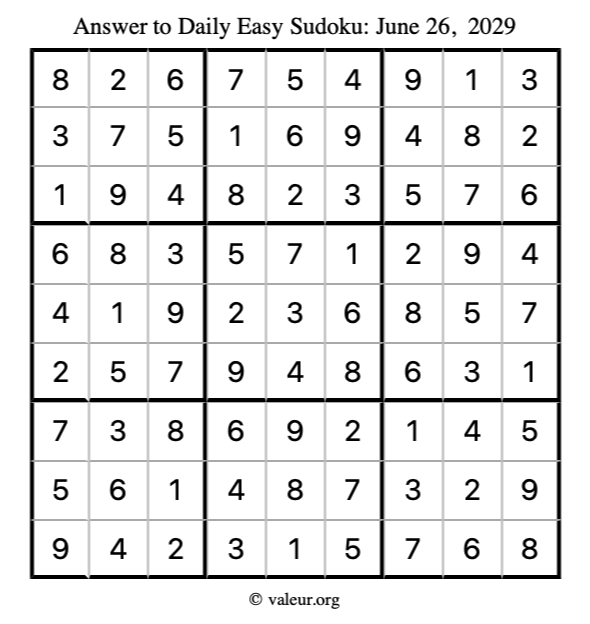Answer to easy sudoku June 26, 2029