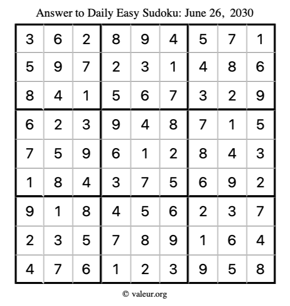 Answer to easy sudoku June 26, 2030