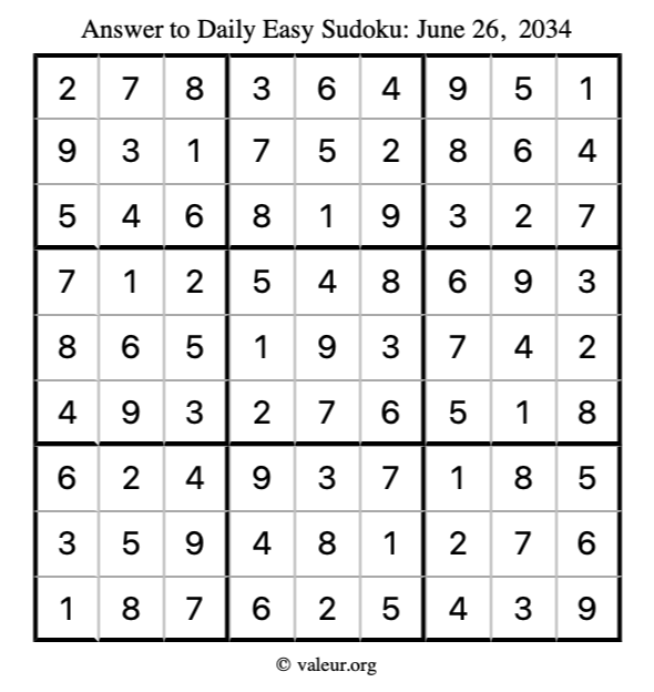 Answer to easy sudoku June 26, 2034