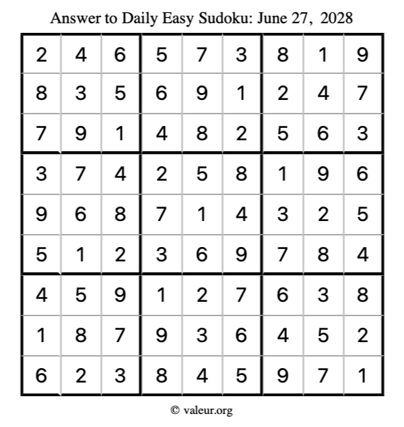 Answer to easy sudoku June 27, 2028